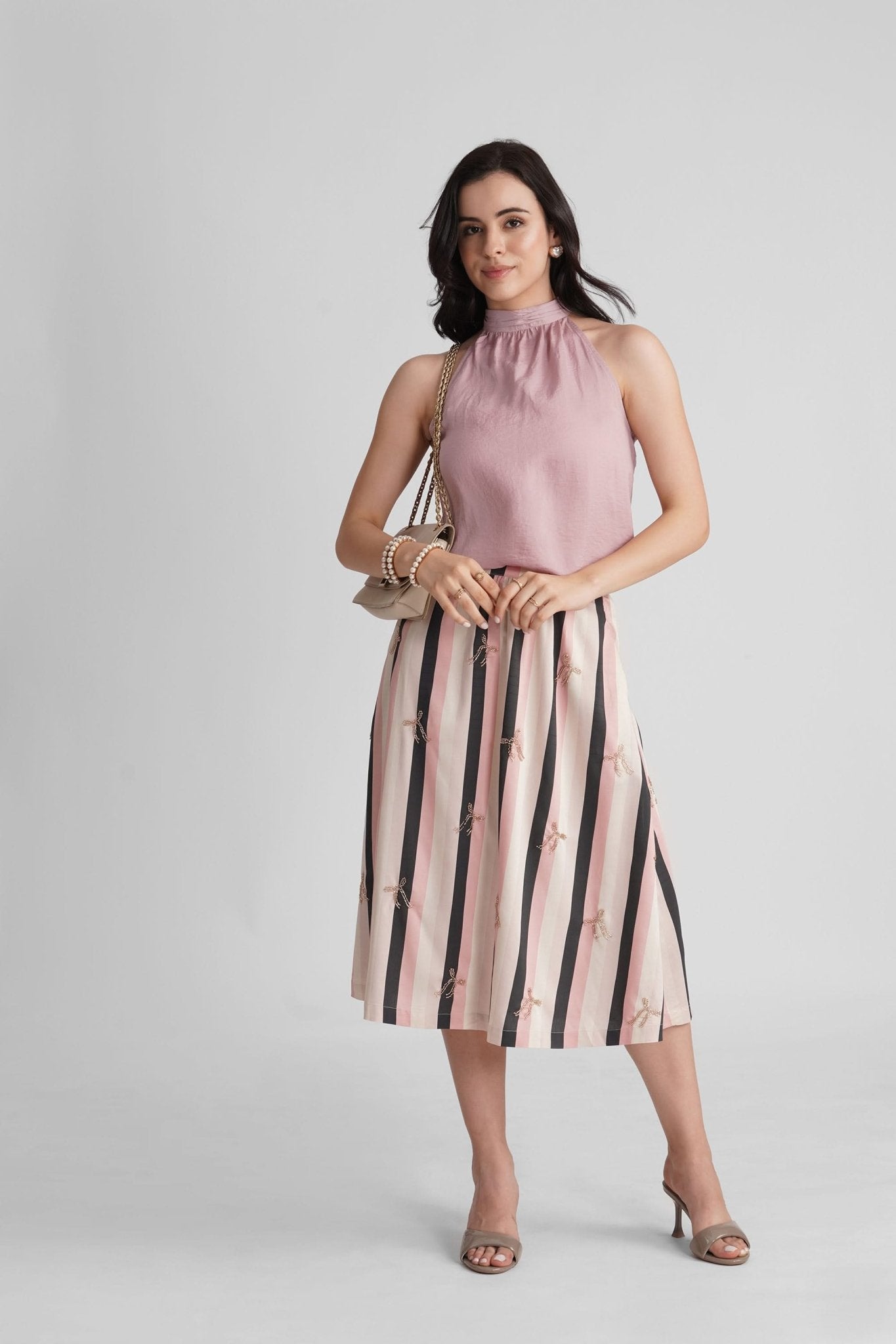 PALMA VISCOSE PRINTED STRIPES MIDI SKIRT WITH SEQUIN EMBRODIERY - Sunday Story