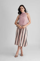 PALMA VISCOSE PRINTED STRIPES MIDI SKIRT WITH SEQUIN EMBRODIERY - Sunday Story