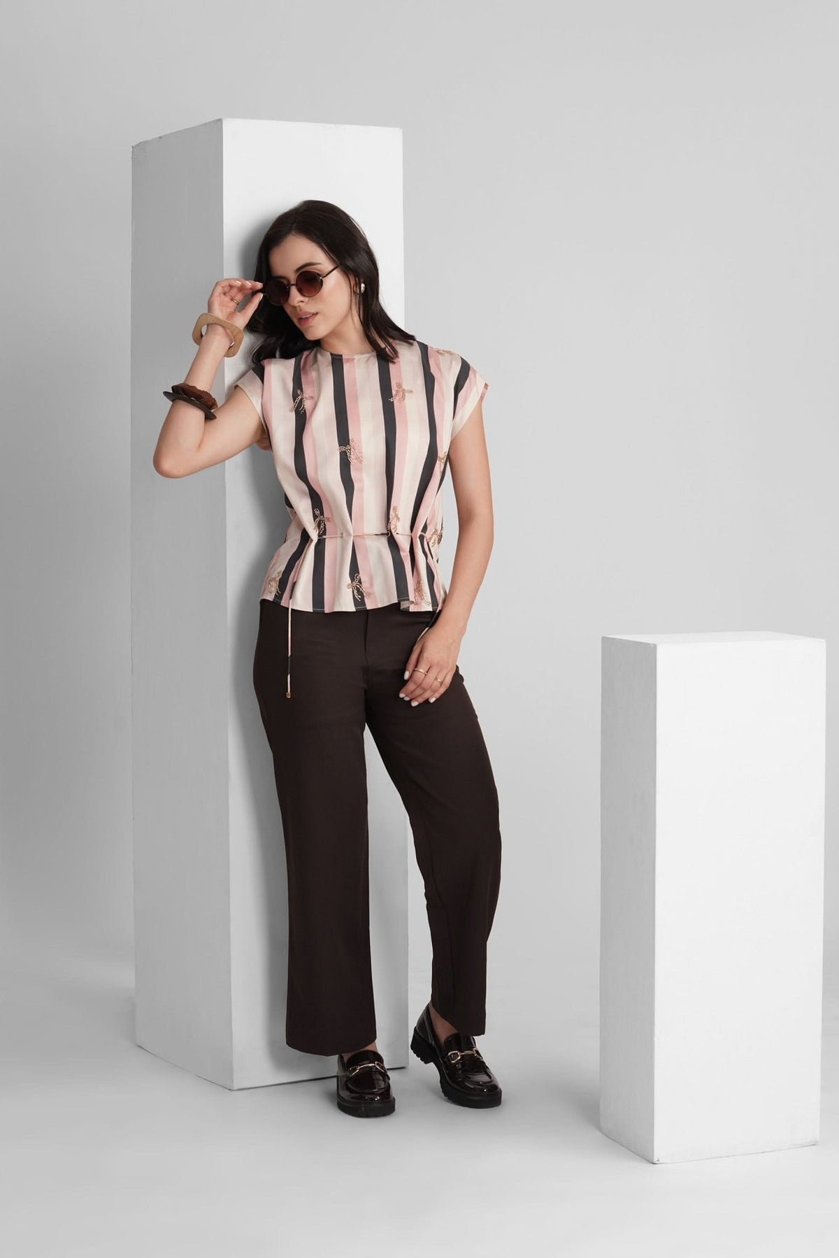 PALMA VISCOSE PRINTED STRIPES TOP WITH SEQUIN EMBRODIERY - Sunday Story