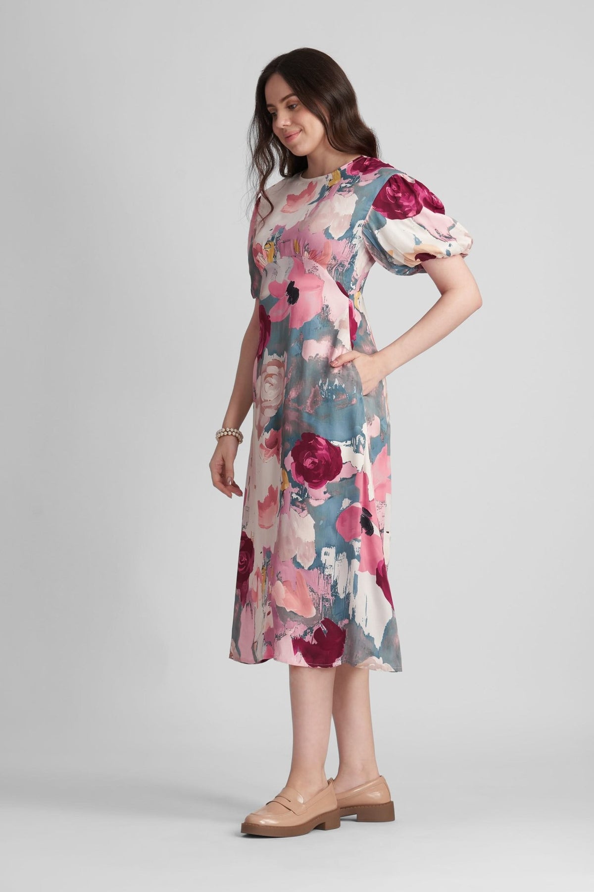 PALMONA PRINTED VISCOSE SATIN MIDI DRESS WITH VOLUMINOUS SLEEVES - Sunday Story