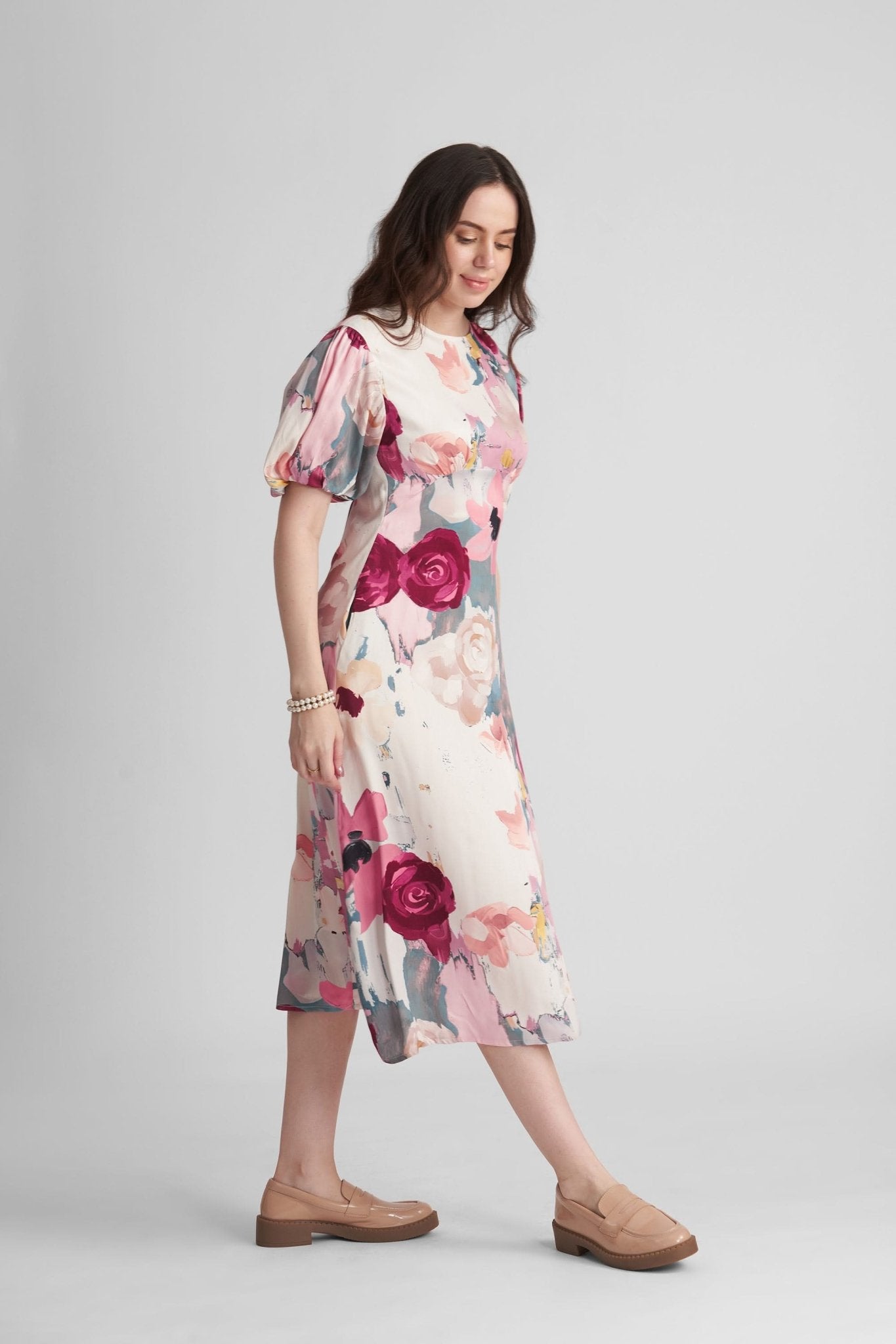 PALMONA PRINTED VISCOSE SATIN MIDI DRESS WITH VOLUMINOUS SLEEVES - Sunday Story