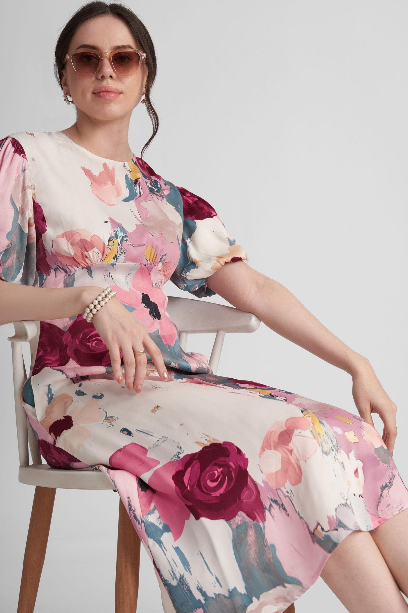 PALMONA PRINTED VISCOSE SATIN MIDI DRESS WITH VOLUMINOUS SLEEVES - Sunday Story
