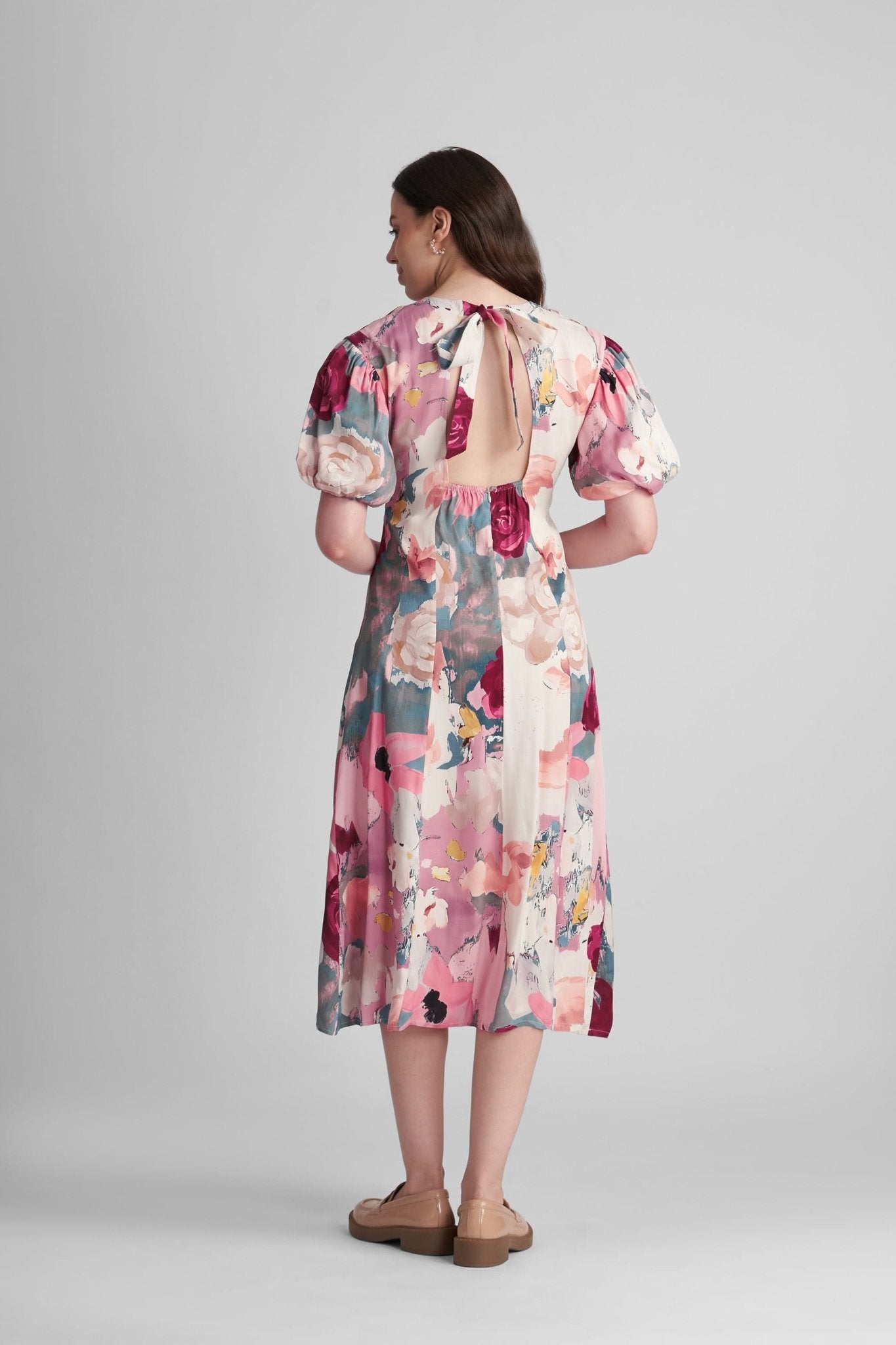 PALMONA PRINTED VISCOSE SATIN MIDI DRESS WITH VOLUMINOUS SLEEVES - Sunday Story