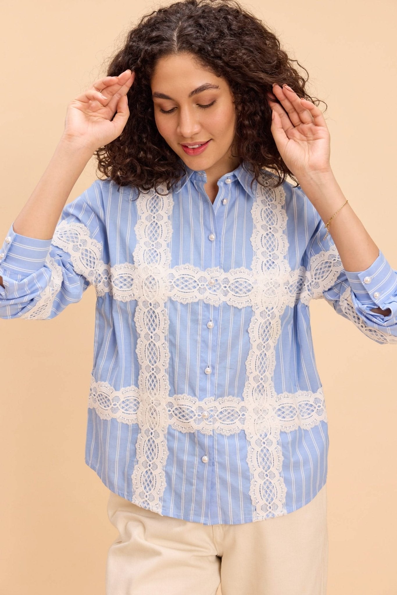 PEONY YARN DYED STRIPE SHIRT WITH LACE DETAIL - Sunday Story