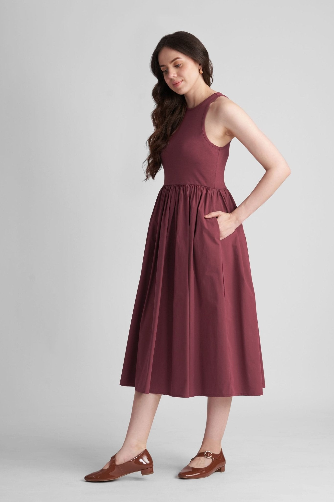 PETRA FIT AND FLARE COTTON MIDI DRESS IN KNIT & WOVEN - Sunday Story