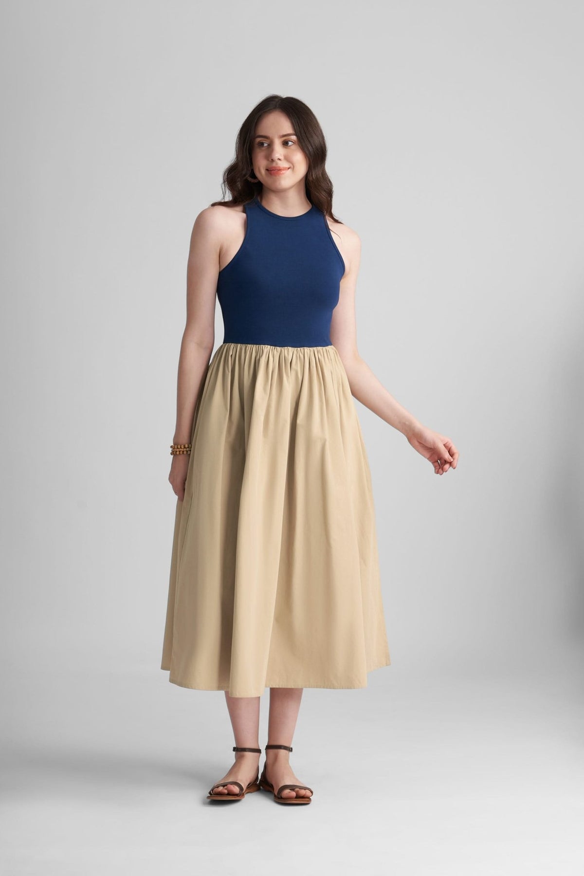 PETRA FIT AND FLARE COTTON MIDI DRESS IN KNIT & WOVEN - Sunday Story