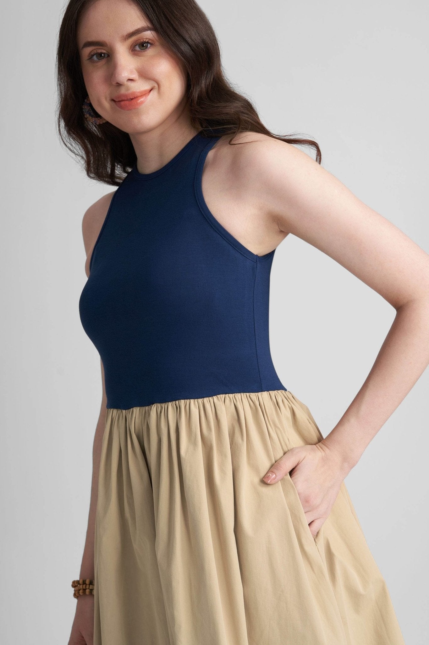 PETRA FIT AND FLARE COTTON MIDI DRESS IN KNIT & WOVEN - Sunday Story