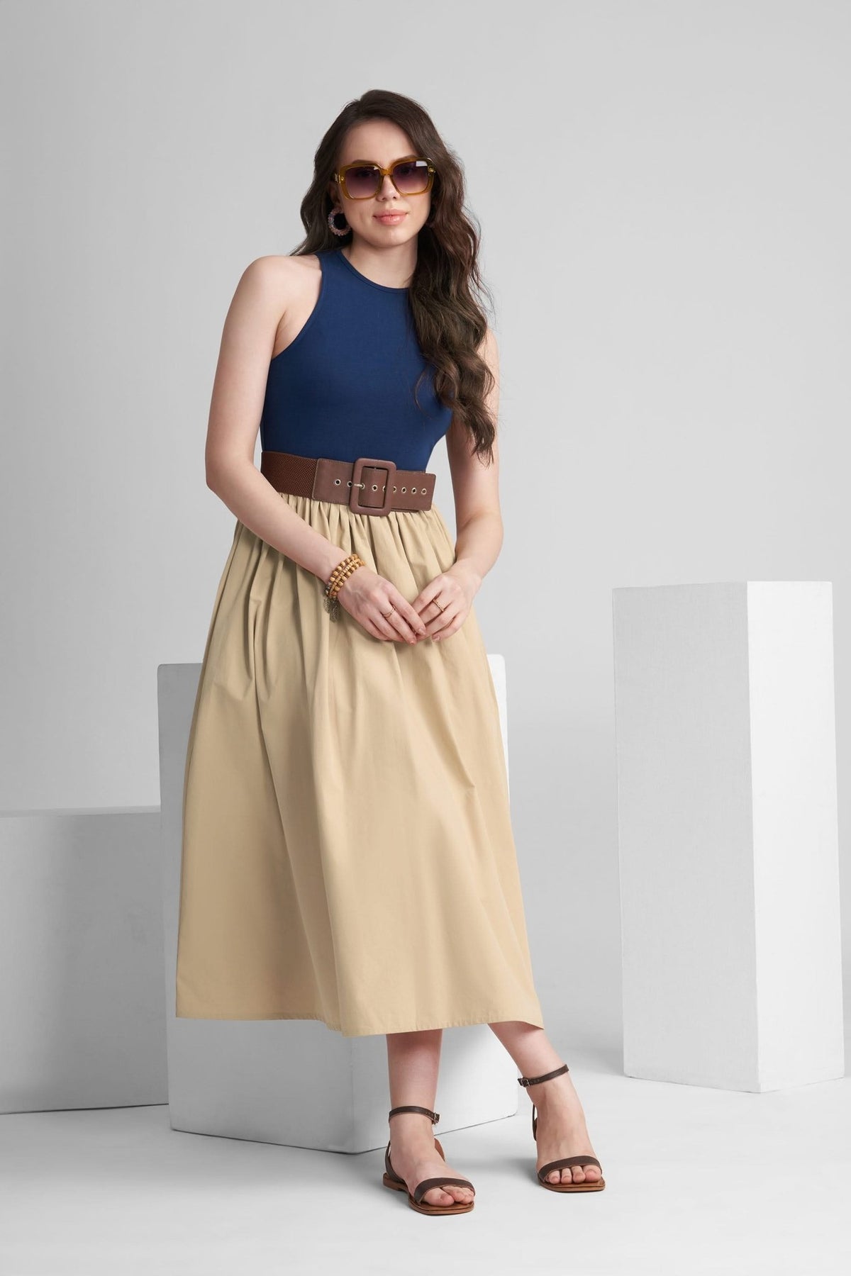 PETRA FIT AND FLARE COTTON MIDI DRESS IN KNIT & WOVEN - Sunday Story