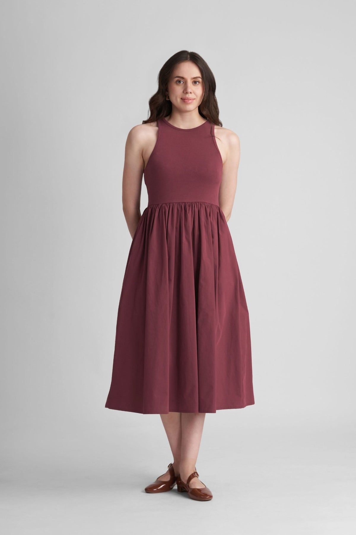 PETRA FIT AND FLARE COTTON MIDI DRESS IN KNIT & WOVEN - Sunday Story