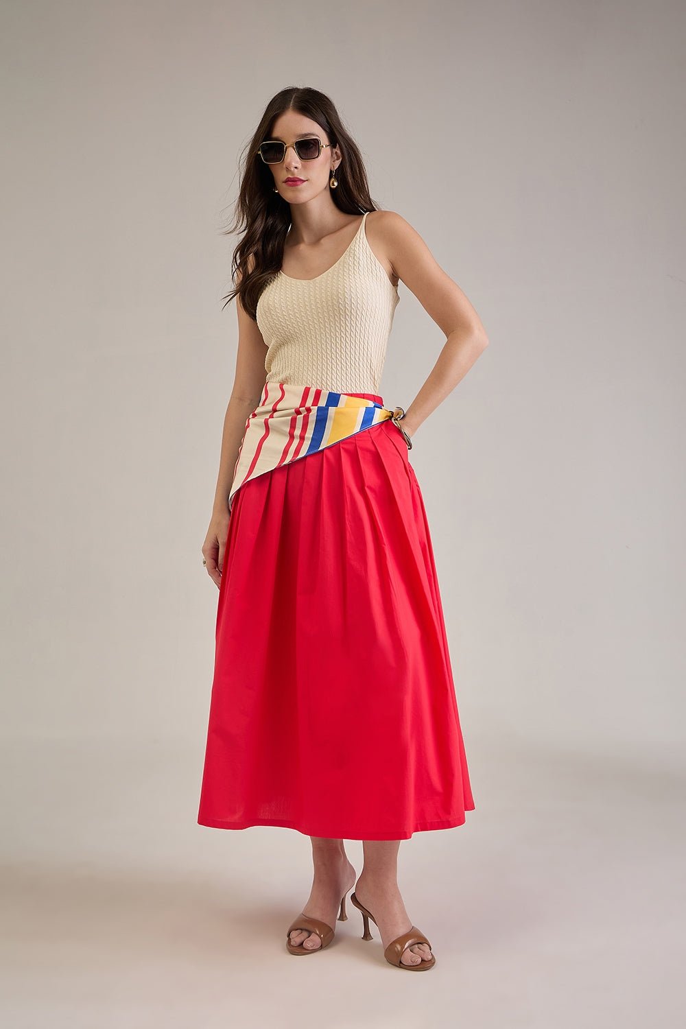 SHAE RED COTTON PLEATED FLARED MIDI SKIRT - Sunday Story