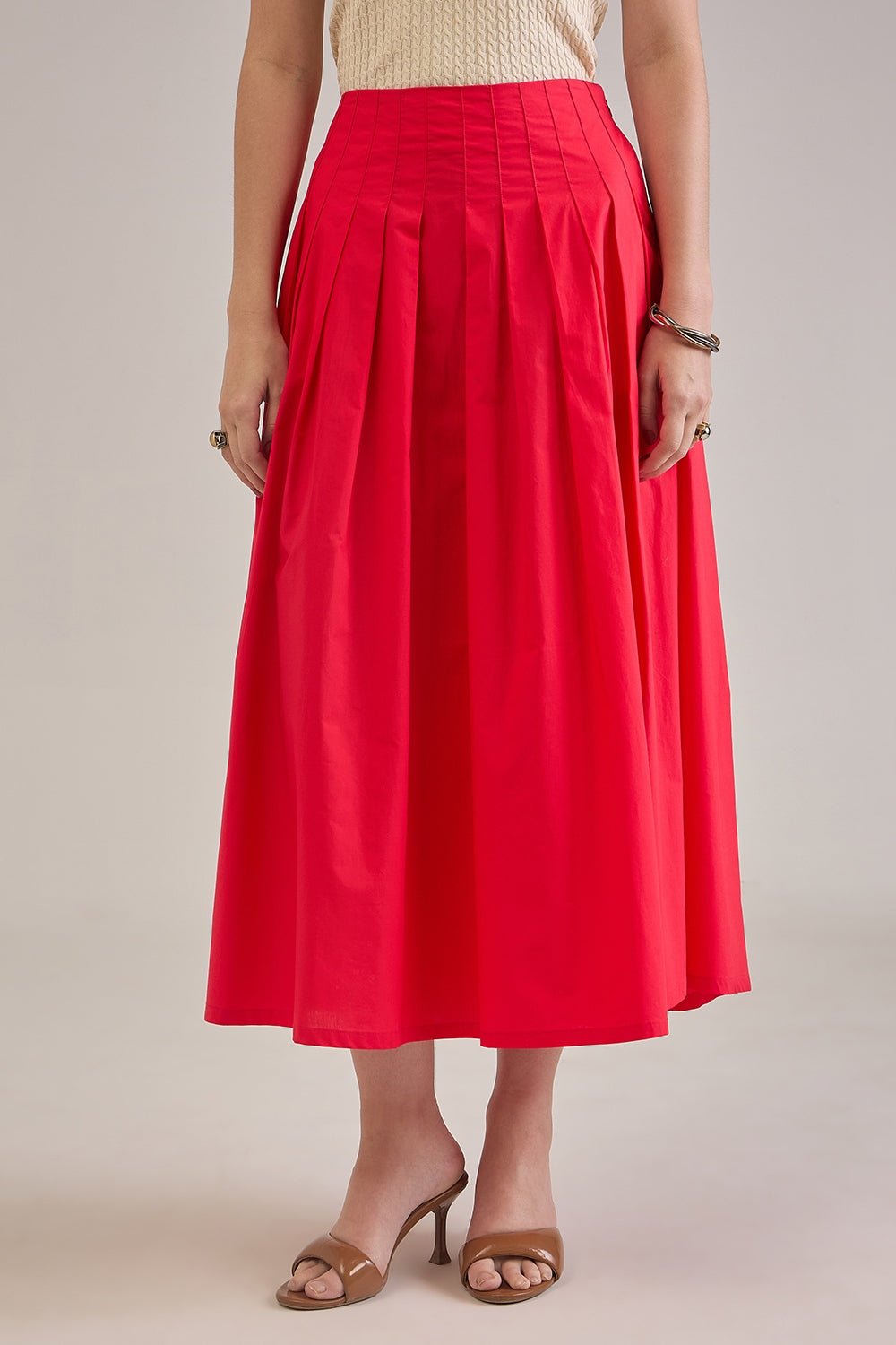 SHAE RED COTTON PLEATED FLARED MIDI SKIRT - Sunday Story