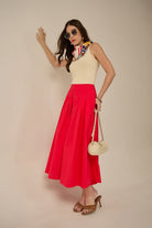 SHAE RED COTTON PLEATED FLARED MIDI SKIRT - Sunday Story