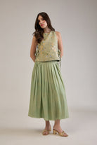 SHAE SAGE GREEN VISCOSE PLEATED FLARED MIDI SKIRT - Sunday Story