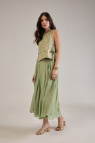 SHAE SAGE GREEN VISCOSE PLEATED FLARED MIDI SKIRT - Sunday Story