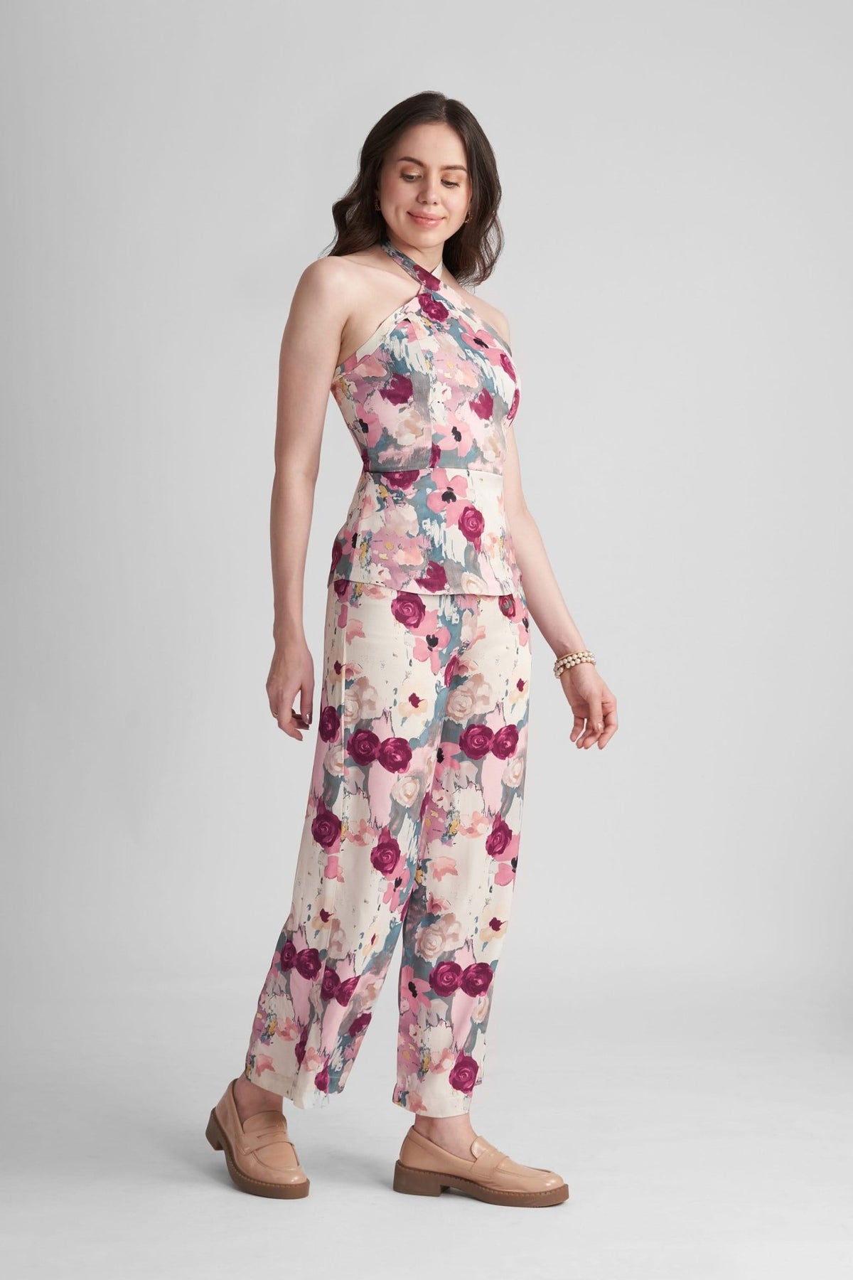 STACIA CO-ORD SET WITH HALTER TOP AND STRAIGHT PANTS IN PRINTED VISCOSE - Sunday Story