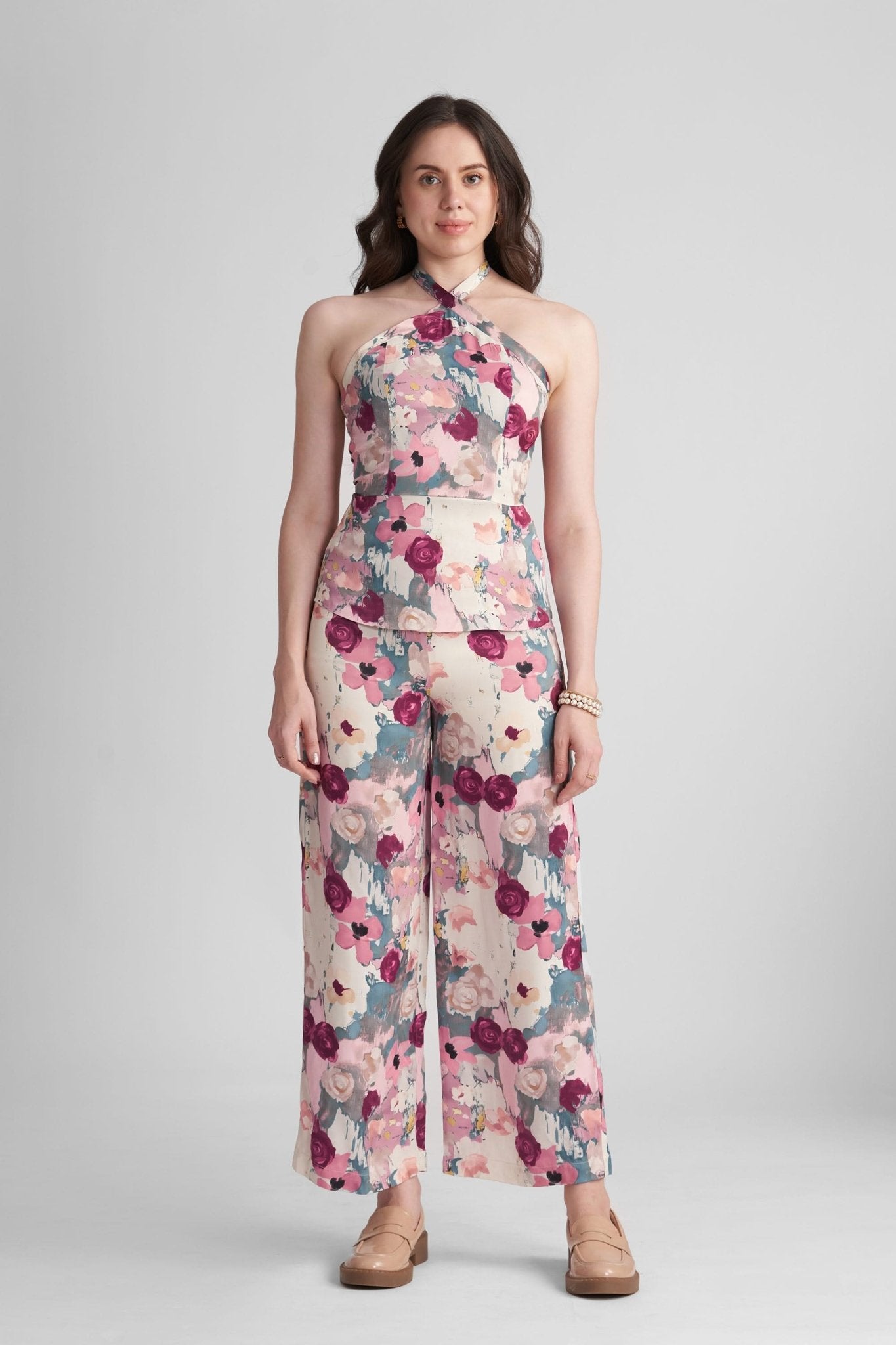 STACIA CO-ORD SET WITH HALTER TOP AND STRAIGHT PANTS IN PRINTED VISCOSE - Sunday Story
