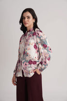 STACIA PRINTED SATIN SHIRT WITH LACE DETAIL AND STATEMENT BUTTONS - Sunday Story
