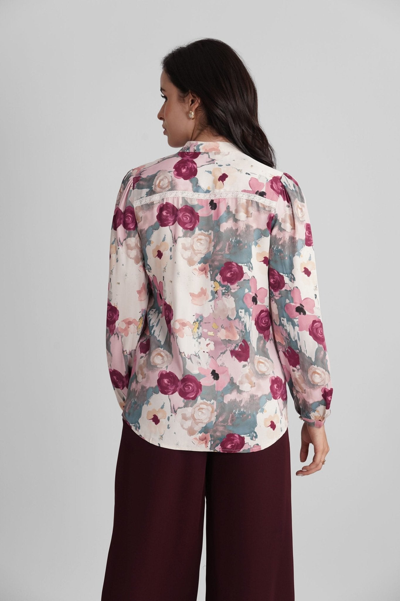 STACIA PRINTED SATIN SHIRT WITH LACE DETAIL AND STATEMENT BUTTONS - Sunday Story
