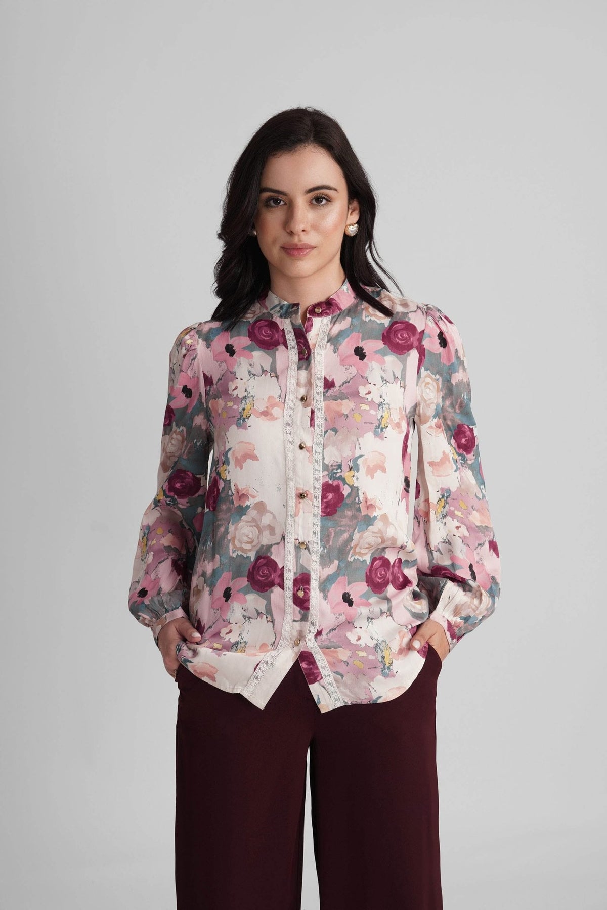 STACIA PRINTED SATIN SHIRT WITH LACE DETAIL AND STATEMENT BUTTONS - Sunday Story