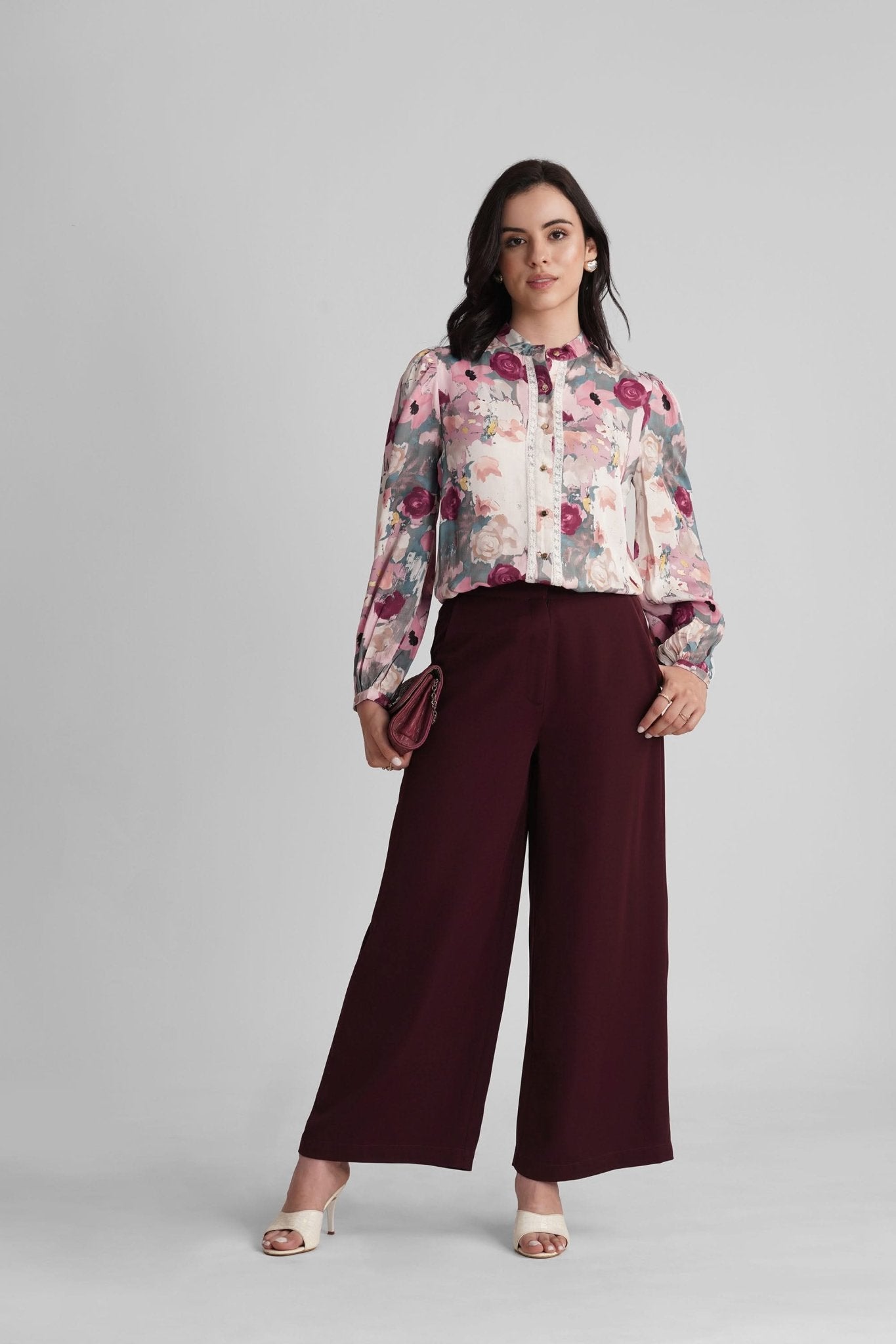 STACIA PRINTED SATIN SHIRT WITH LACE DETAIL AND STATEMENT BUTTONS - Sunday Story