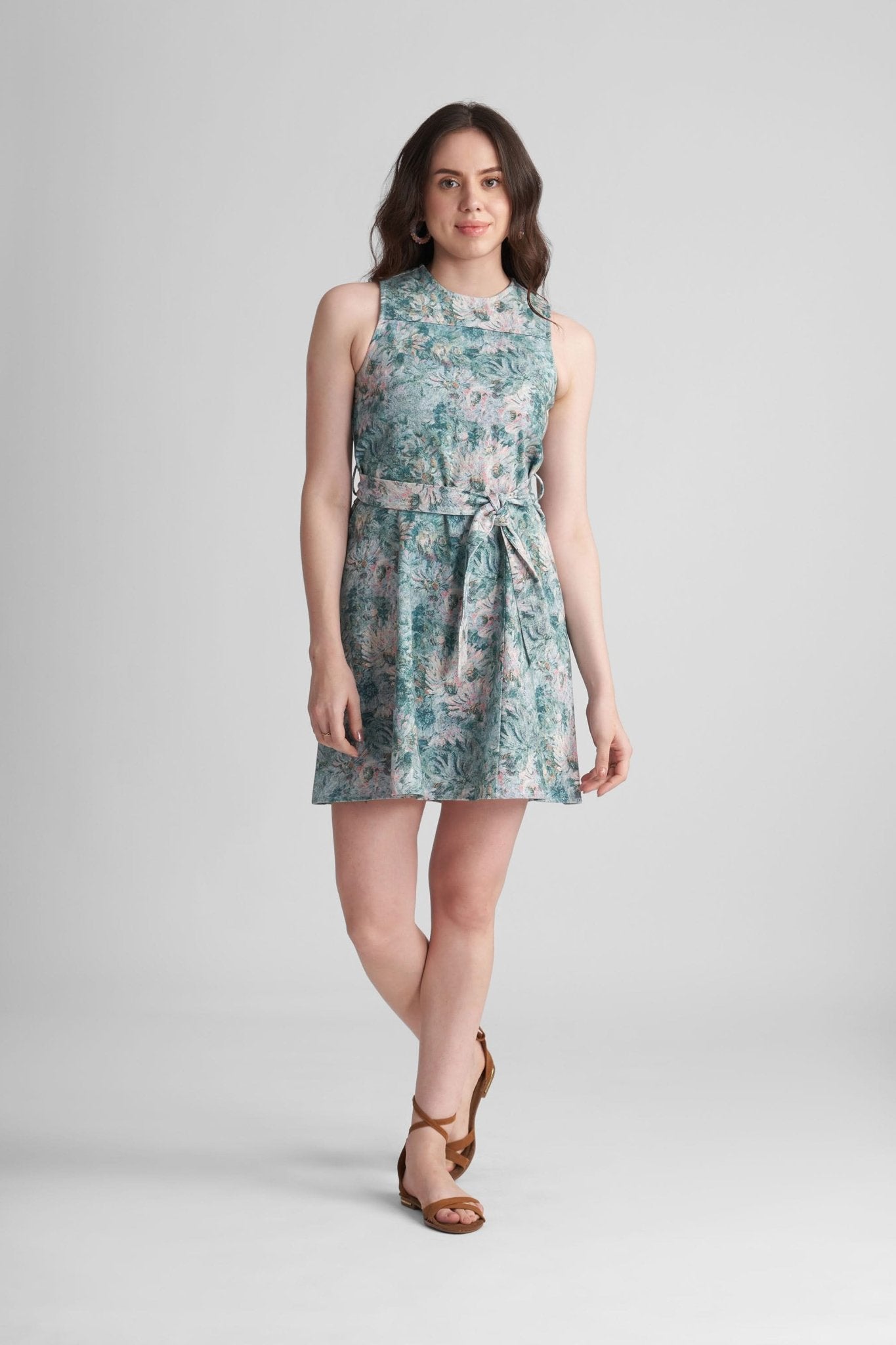 SUTTON PRINTED FIT AND FLARE SHORT DENIM DRESS WITH SELF FABRIC BELT - Sunday Story