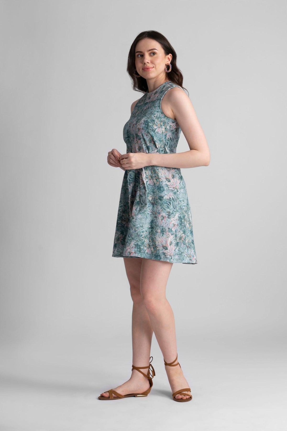 SUTTON PRINTED FIT AND FLARE SHORT DENIM DRESS WITH SELF FABRIC BELT - Sunday Story