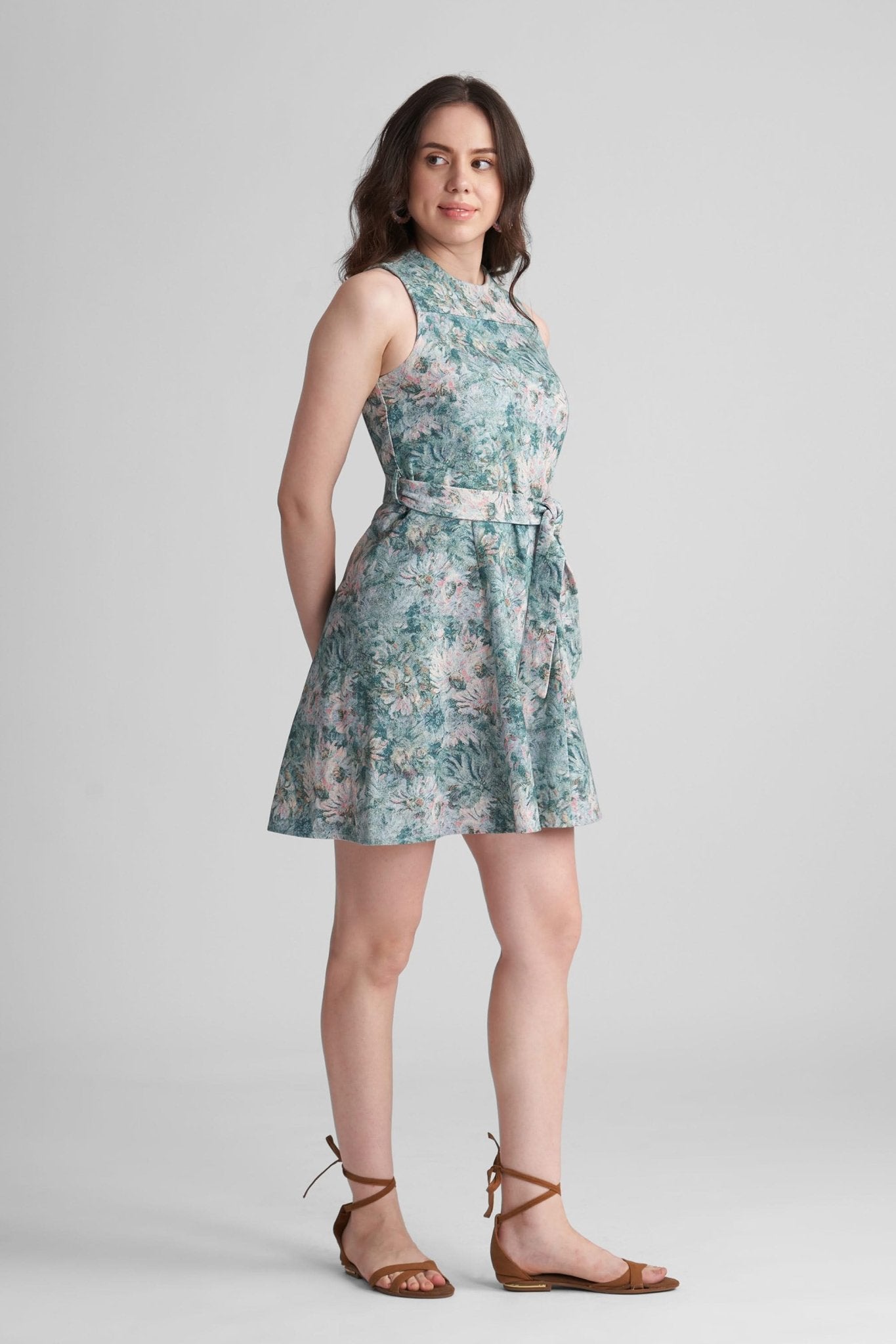 SUTTON PRINTED FIT AND FLARE SHORT DENIM DRESS WITH SELF FABRIC BELT - Sunday Story