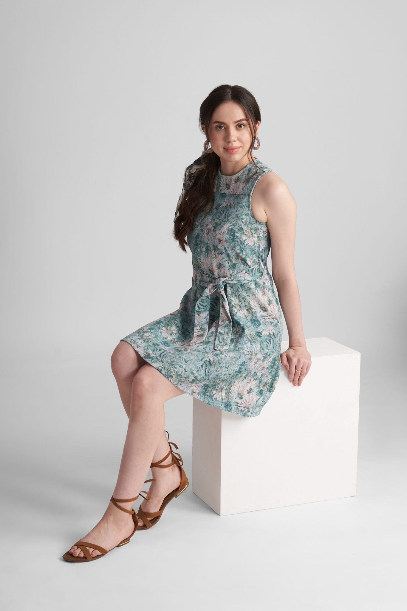 SUTTON PRINTED FIT AND FLARE SHORT DENIM DRESS WITH SELF FABRIC BELT - Sunday Story