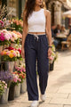 ASTRID WIDE ANKLE DENIM PANTS WITH CONTRAST WAIST BAND
