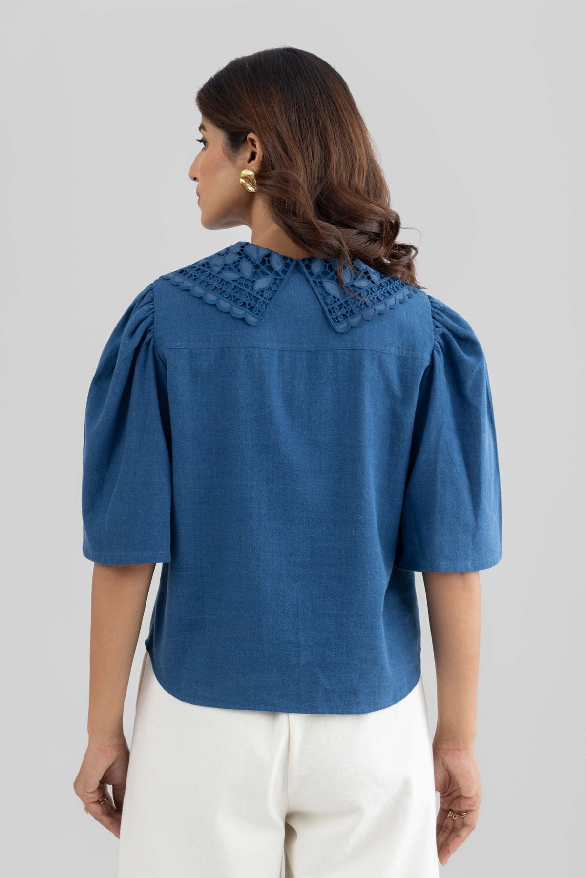 WINIE DENIM TOP WITH EMBROIDERED STATEMENT COLLAR - Sunday Story
