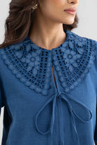 WINIE DENIM TOP WITH EMBROIDERED STATEMENT COLLAR - Sunday Story