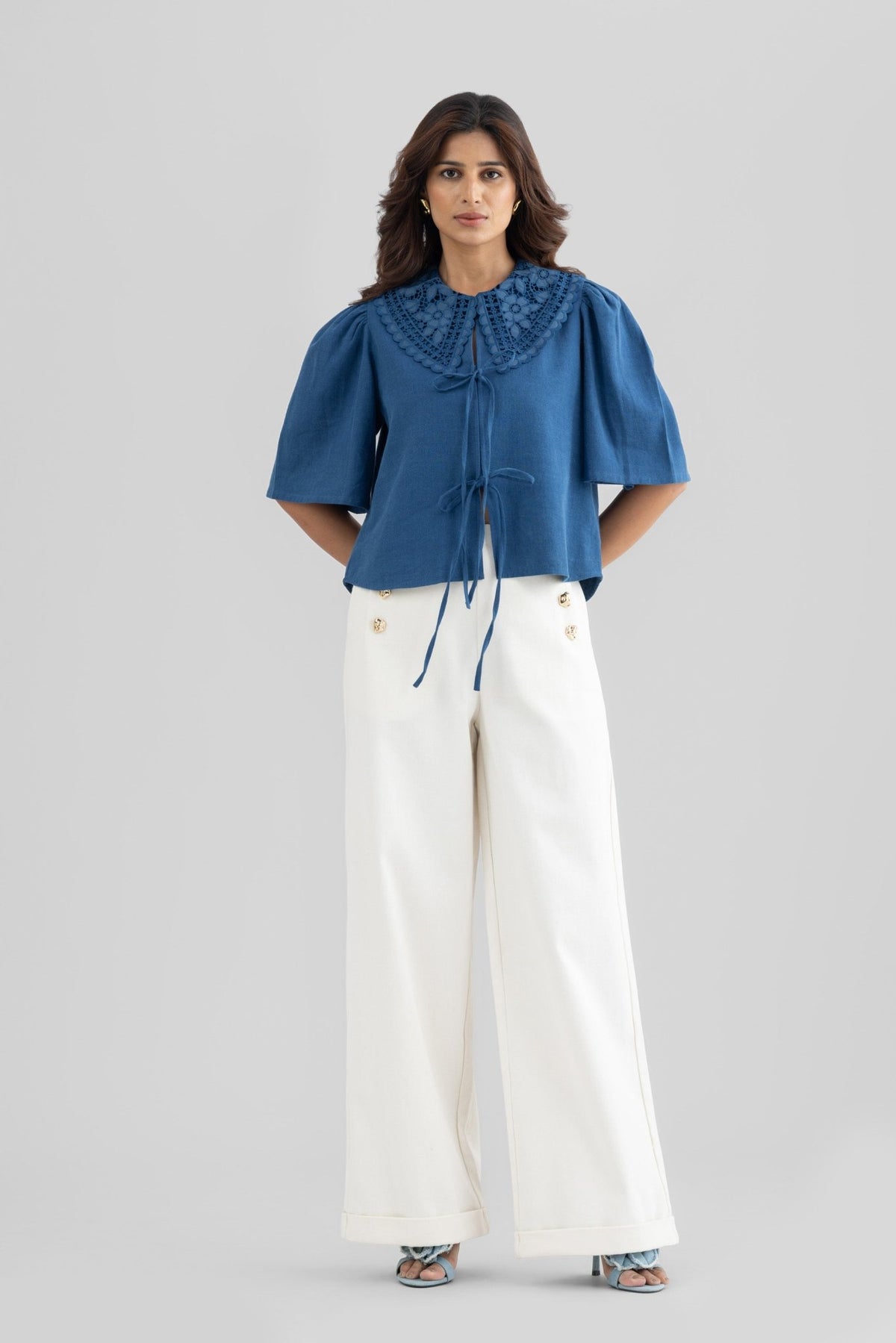 WINIE DENIM TOP WITH EMBROIDERED STATEMENT COLLAR - Sunday Story