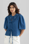 WINIE DENIM TOP WITH EMBROIDERED STATEMENT COLLAR - Sunday Story