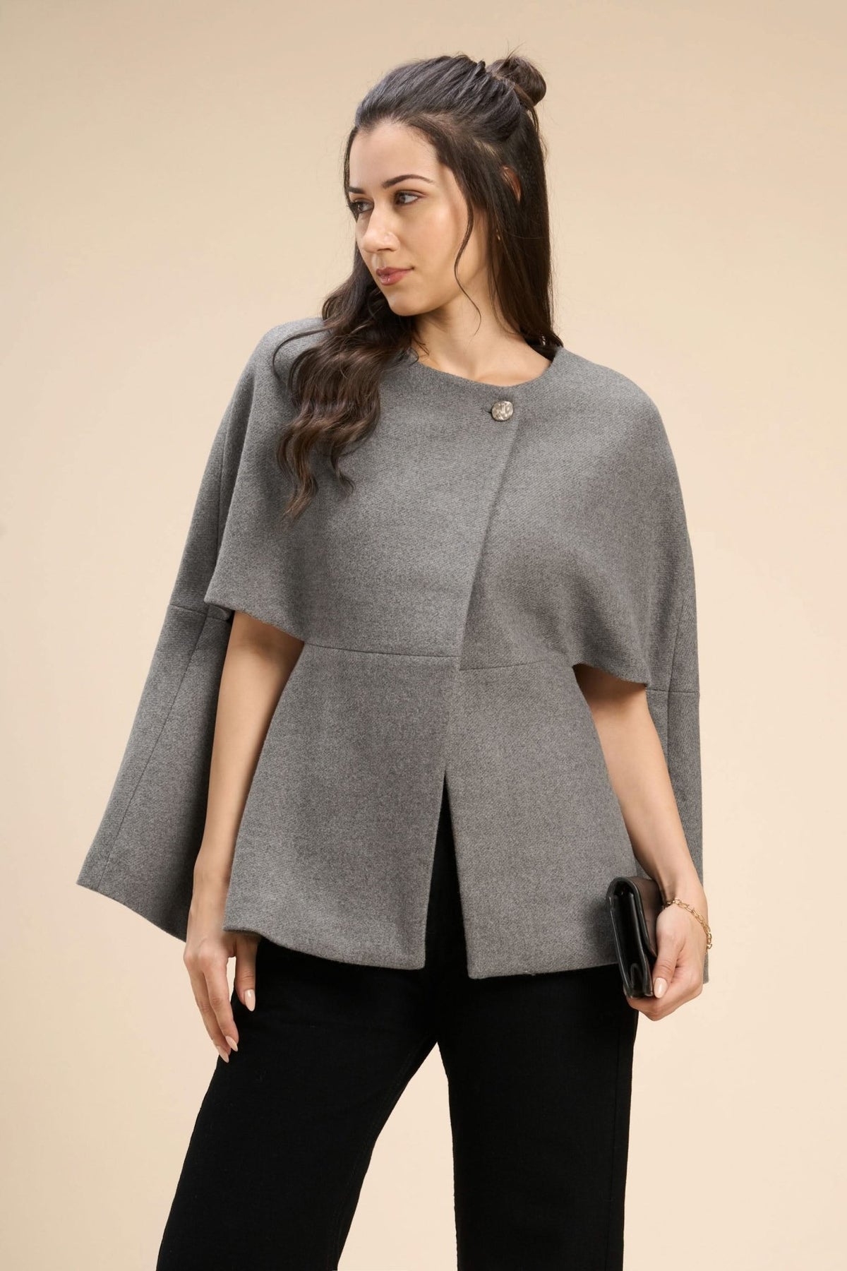 WINNY SUPERIOR WOOL-BLEND CAPE JACKET WITH GOLD BUTTON CLOSURE - Sunday Story