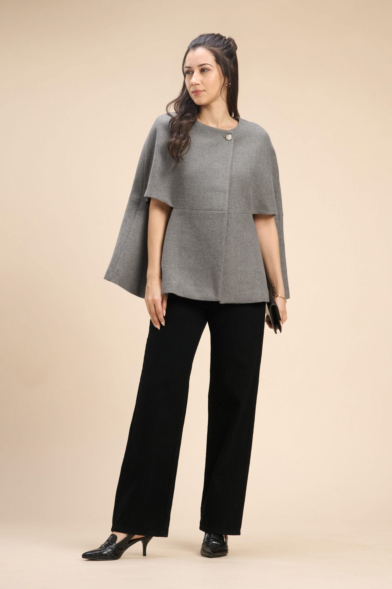 WINNY SUPERIOR WOOL-BLEND CAPE JACKET WITH GOLD BUTTON CLOSURE - Sunday Story