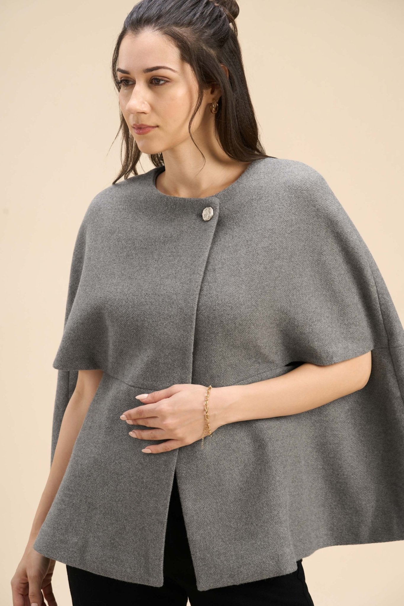 WINNY SUPERIOR WOOL-BLEND CAPE JACKET WITH GOLD BUTTON CLOSURE - Sunday Story